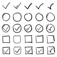 Set of hand drawn highlight black circles and check mark icons premium Vector