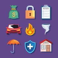 servicio de seguros nueve iconos vector