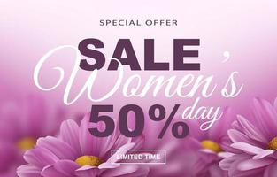 oferta especial. banner de venta del día de la mujer con flores de crisantemo rosa realistas sobre un fondo rosa y decoración de texto de descuento publicitario. ilustración vectorial