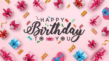 Happy Birthday vector background for greeting cards and poster with confetti and gift box, Top view design template for birthday celebration