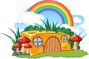 Fantasy cheese house with rainbow in the sky vector