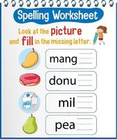 Spelling worksheet template for kids vector