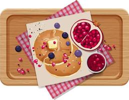 Top view food, pancake with pomegranate and placemat  on wood plate vector