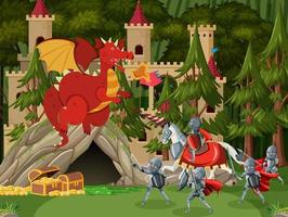 Medieval knights fighting with ancient dragon vector