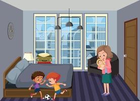 Bedroom scene with family members vector