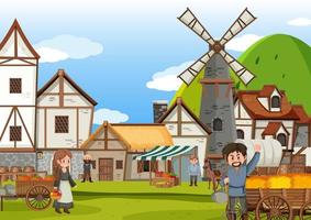 Ancient medieval village scene with villagers vector