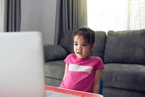 Asian kindergarteners are studying online with teachers at computers during school hours while the virus is pandemic. photo
