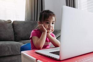 Asian children are interested in learning while teachers are teaching online via the internet during school hours during the virus outbreak. photo