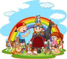 Children with many dogs with rainbow background vector