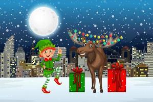 Snowy winter night with Christmas reindeer and elf vector