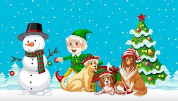 Christmas cartoon characters on snowy blue background vector