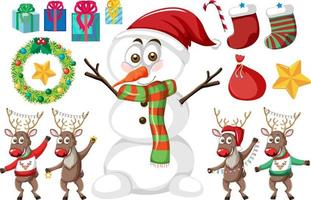 Christmas set with snowman and reindeers vector