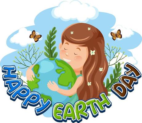 Happy Earth Day banner design with a girl hugging earth globe