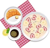 Top view breakfast set, croissant and placemat on white background