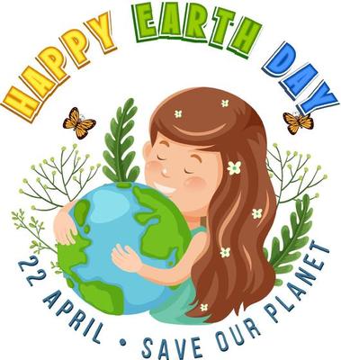 Happy Earth Day banner design with a girl hugging earth