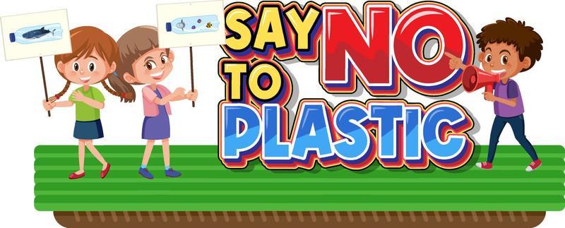 Say no to plastic logo banner with children cartoon