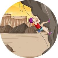 Scene with people climbing rocky moutain on circle artboard vector