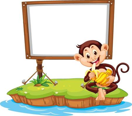 A monkey eating banana with blank board on white background