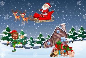 Snowy night scene with Christmas cartoon characters vector