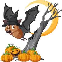 Cartoon bat wearing wizard hat in Halloween theme vector