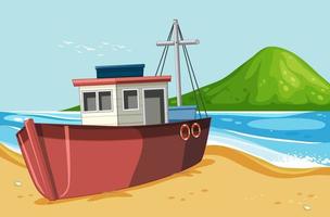 Deserted island with broken boat lying on the beach vector