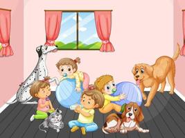 Room scene with babies playing with dogs vector