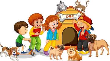 Kids with their dogs and cats on white background vector