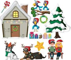 Christmas set with tree and decorations vector