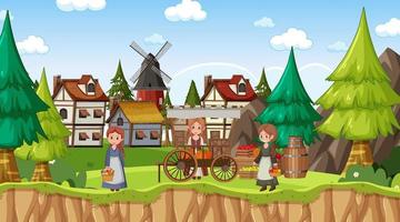 Medieval town scene with villagers and market vector