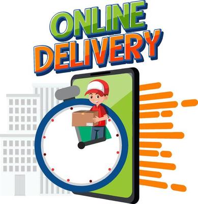 Online Delivery logotype with courier holding boxes