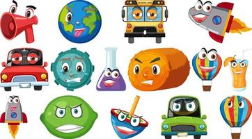 Set of different toy objects with smiley faces vector