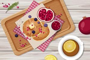 Top view food, pancake with coffee on wood table vector