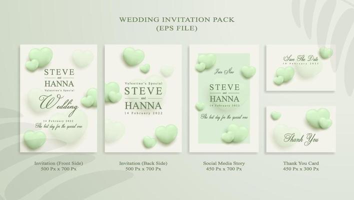 Green wedding invitation pack with thank you card and social media story