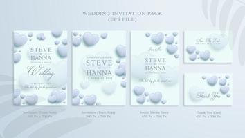 Blue wedding invitation pack with thank you card and social media story vector