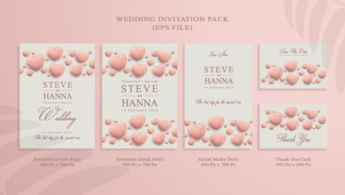 Pink wedding invitation pack with thank you card and social media story