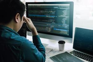 Software developers headache with code analysis in the office. photo