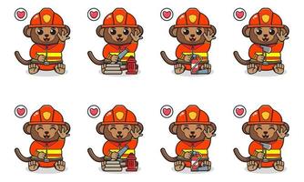 Vector Illustration of Cute sitting Monkey cartoon with Firefighter costume and hand up pose.