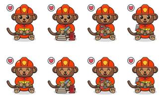 Vector Illustration of Cute sitting Monkey cartoon with Firefighter costume.