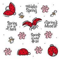 Ladybirds Spring Set With Flowers and Bees vector