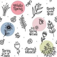 Spring Seamless Pattern With Flowers, Herbs, Bees and Snails vector