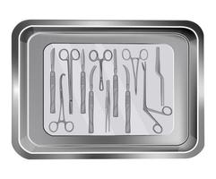 Tray with clamps, tweezers, scalpels and scissors. vector