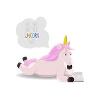 unicornio con cabello rosado lee un libro aislado sobre fondo blanco. vector