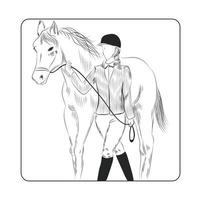 Jockey woman and horse hand drawn illustration.