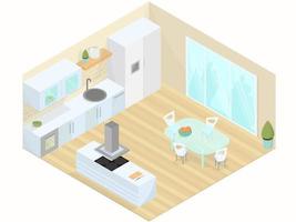 Kitchen dining room studio isometric vector illustration.