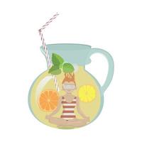 Ginger girl in striped swimming suit diving in lemonade drink. vector