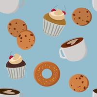 Mugs, cookies and muffins bakery seamless pattern. vector