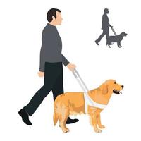 Man holding guide dog on harness and their silhouette. vector