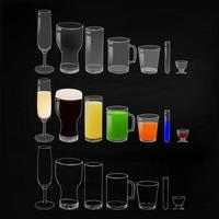 vasos con bebidas y vasos vacíos en pizarra. vector