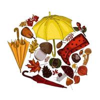 Autumn mood inspirational items gathered in circle. vector