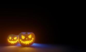 Representación 3D de dos calabazas de Halloween que brillan intensamente sobre un fondo oscuro con espacio de copia foto